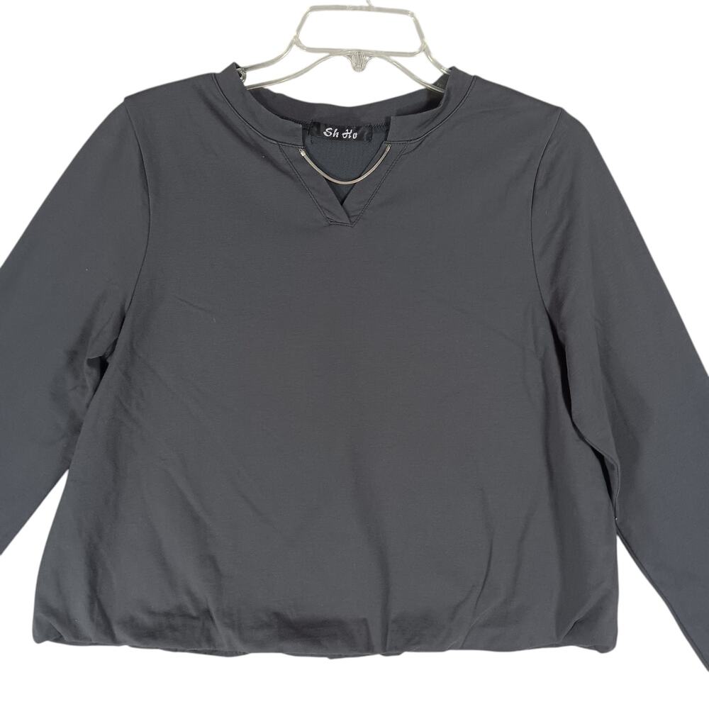 SH HO Long Sleeve Blouse Size Medium Gray Full Lining Balloon Bottom Hem